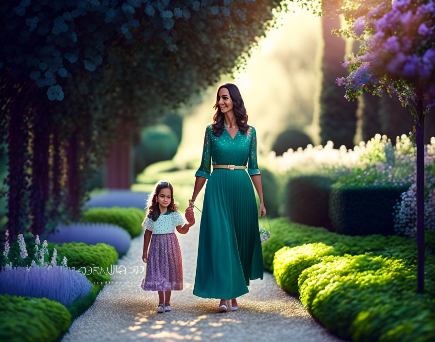 Woman and young girl stroll in green outfits through garden path