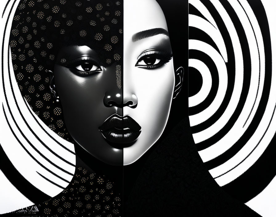 Monochrome image: Two merging women's faces with star and circle patterns