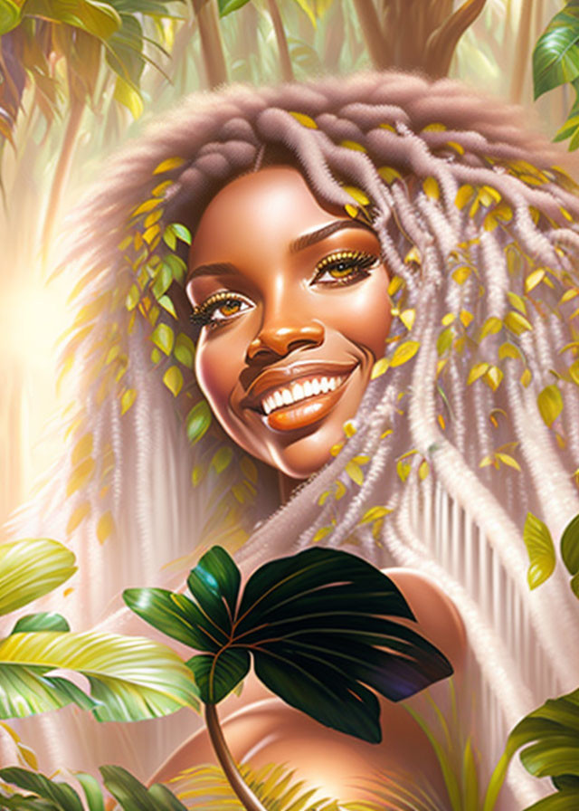 Smiling woman with leaf-like hair in vibrant jungle scene