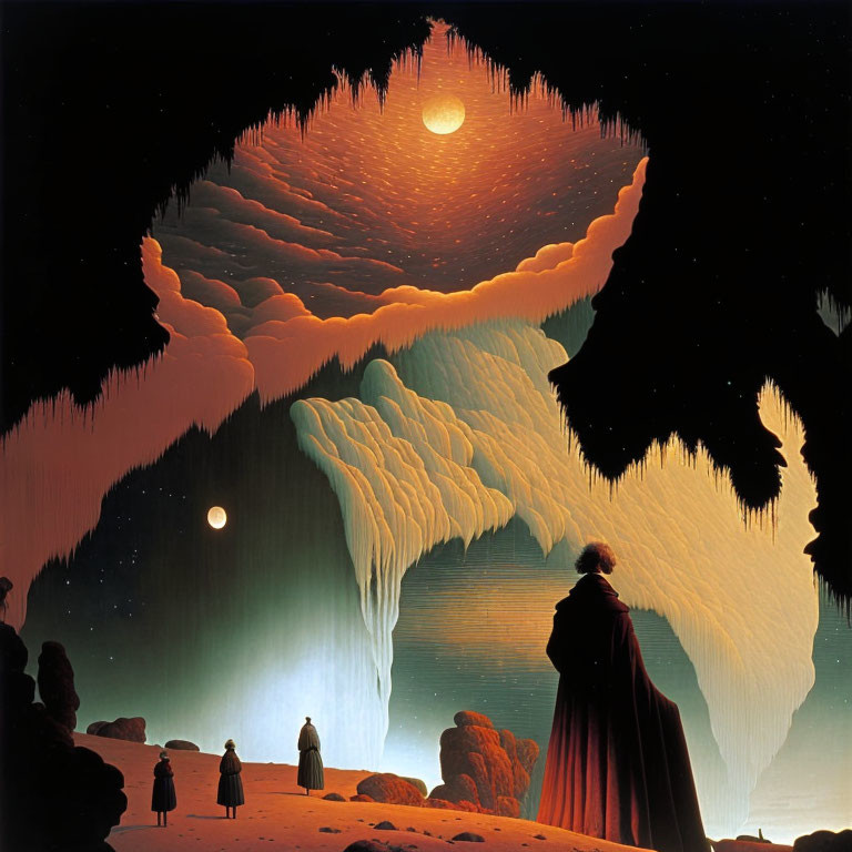 Majestic rock formations, cloaked figure, and dual moons in surreal landscape