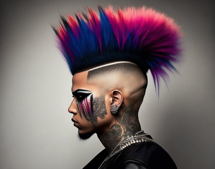 Vibrant blue and pink high mohawk hairstyle with tattoos and eye makeup