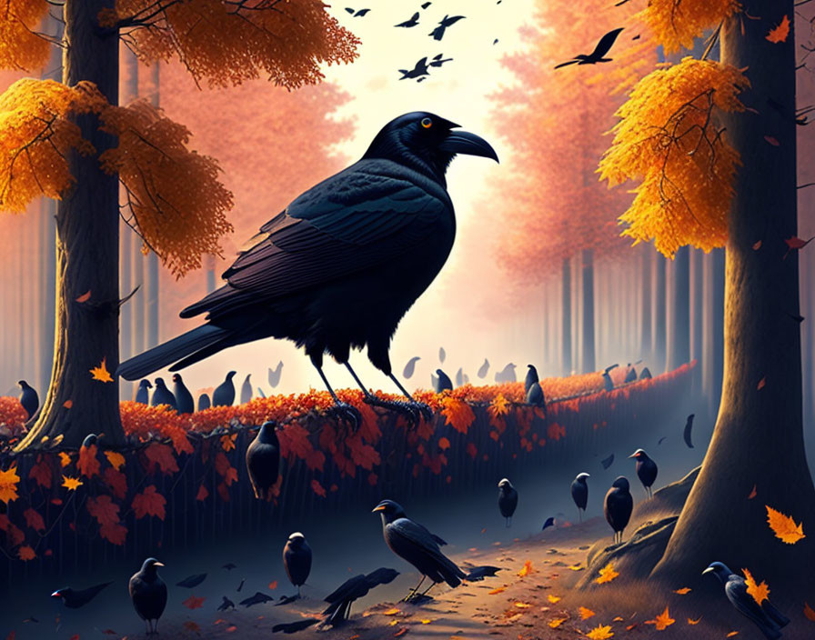 Majestic raven in mystical autumn forest with falling leaves