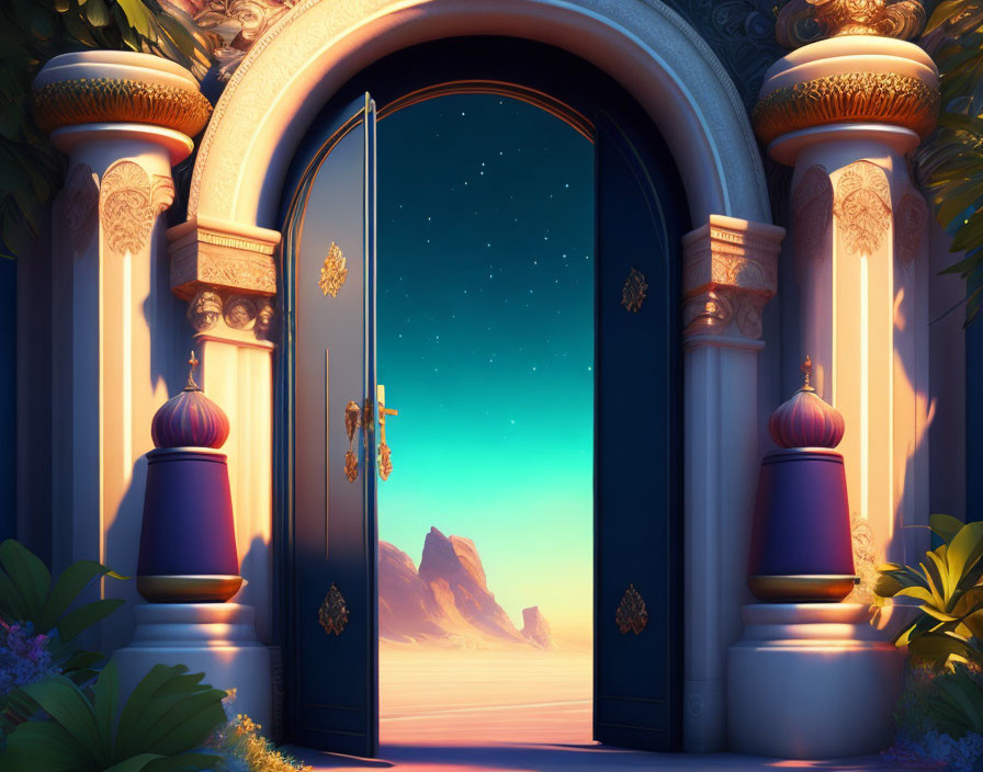 Ornate door reveals desert twilight with mountains and starry sky