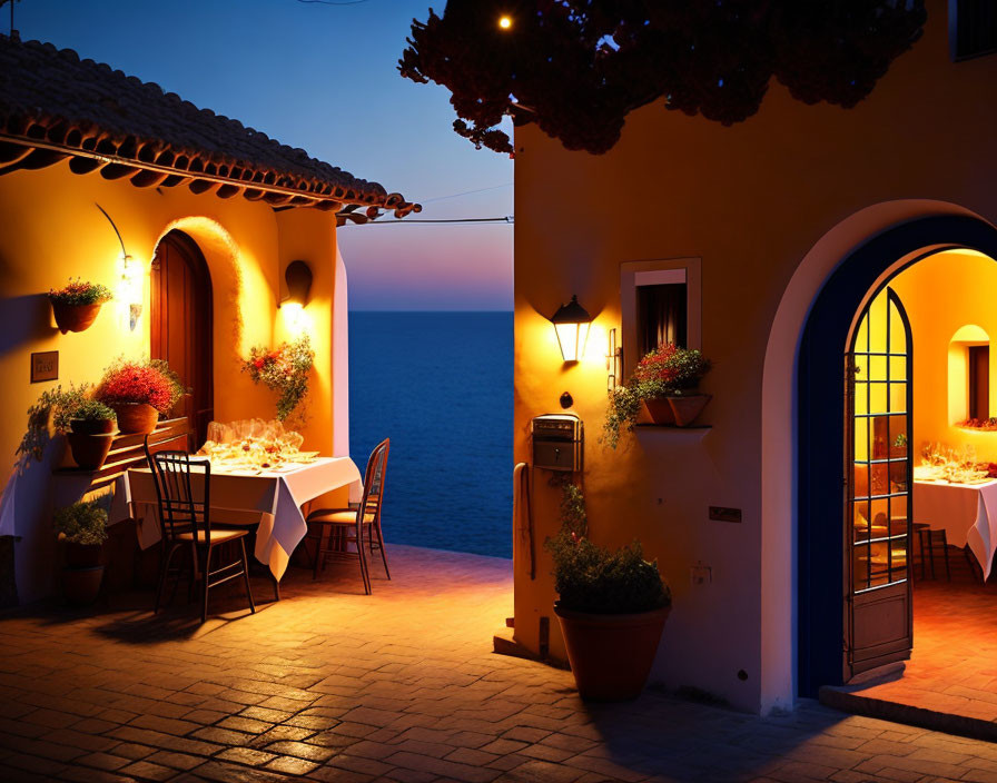 Seaside Restaurant Twilight Scene with Ocean View