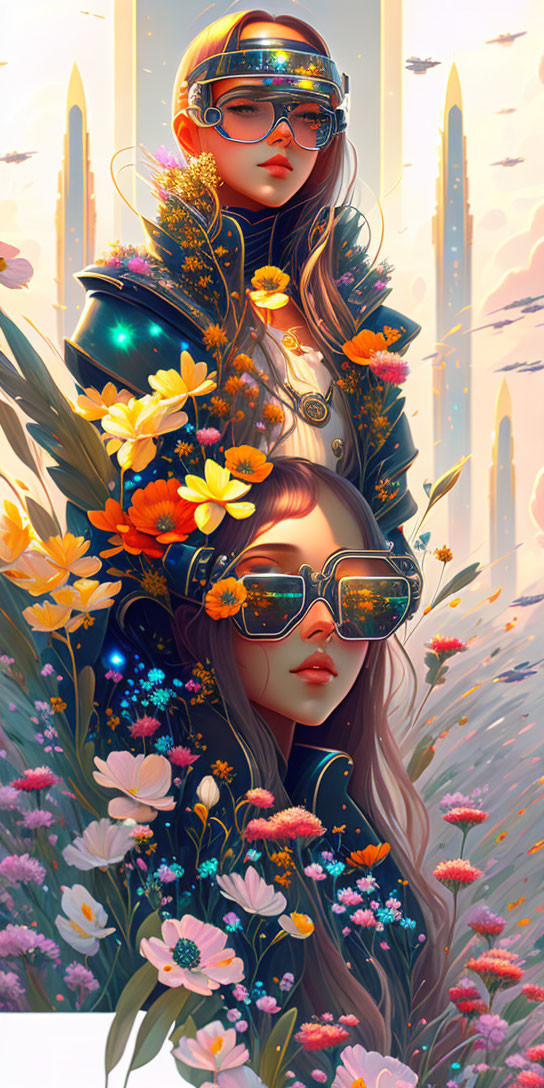 Futuristic illustration: Two women with long hair, flowers, sunglasses, high-tech outfits, golden