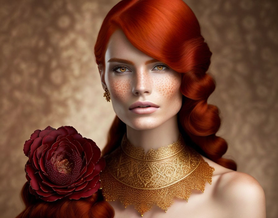 Vibrant red hair woman portrait with freckles and gold lace choker holding dark red flower