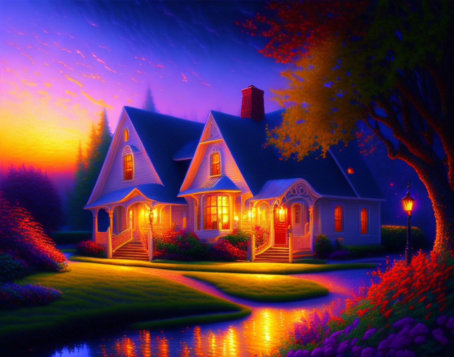 Cozy cottage surrounded by gardens and pond at twilight