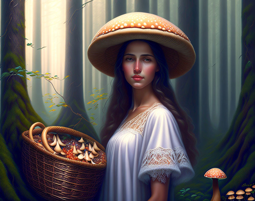 Woman with Mushroom Cap Hat Carries Basket in Mystical Forest