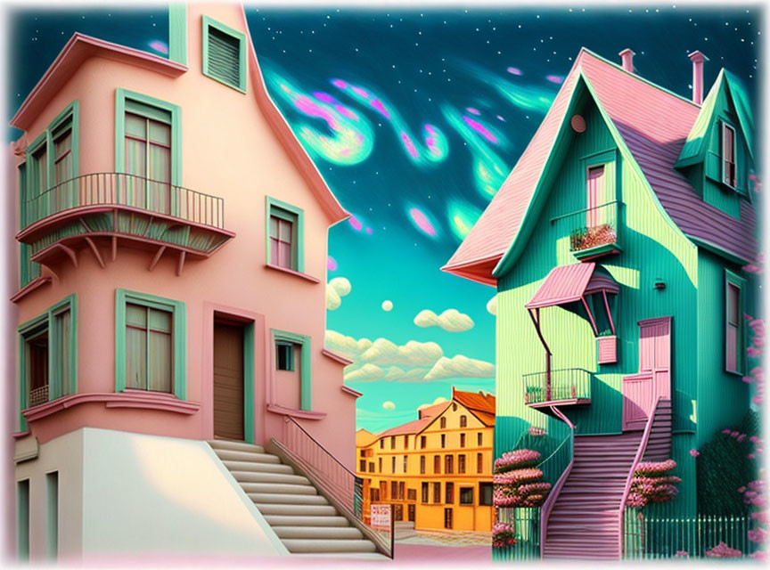 Whimsical houses with external staircases under vibrant sky