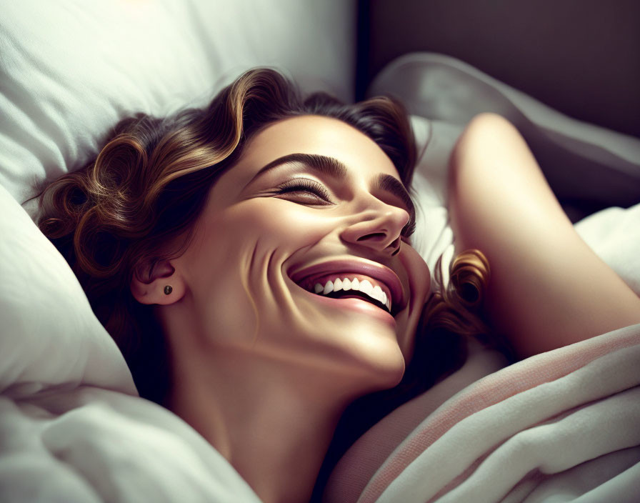 Curly-Haired Woman Smiling Brightly in Bed