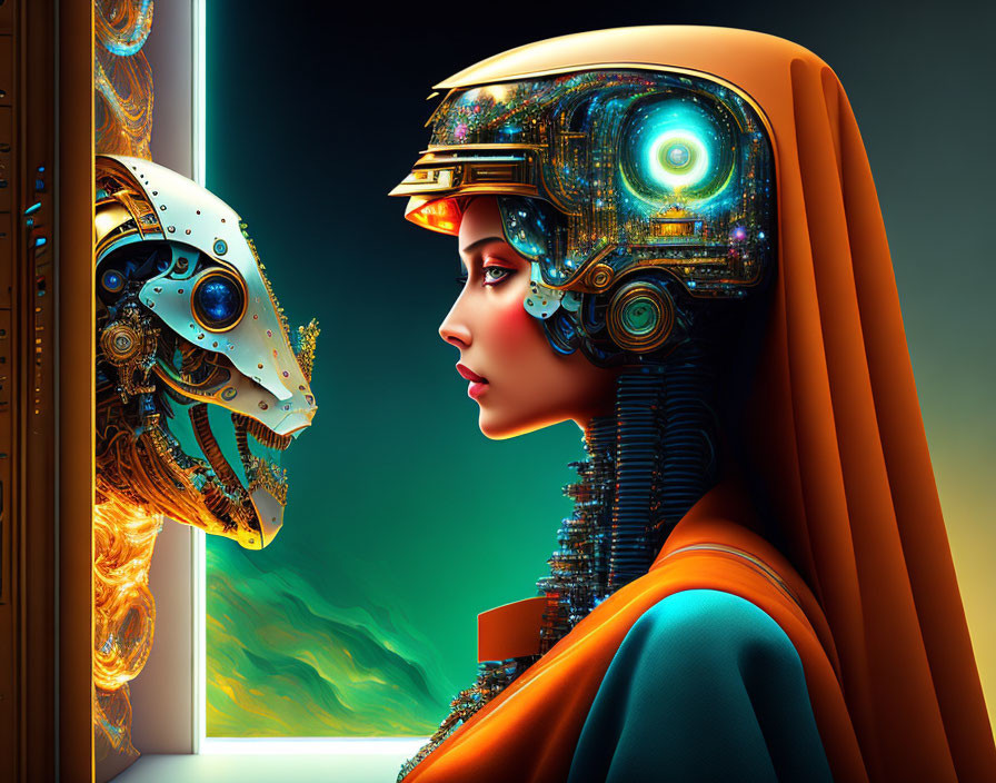 Futuristic digital artwork: Robotic figure meets woman with tech headdress