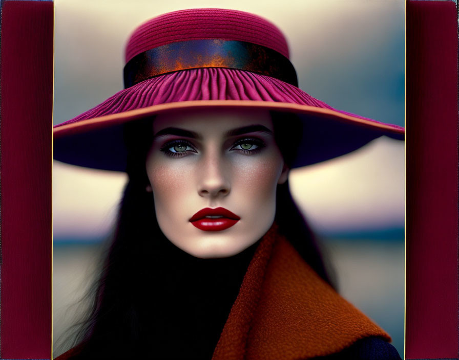 Portrait of a Woman with Blue Eyes and Red Lips in Purple Hat and Orange Scarf