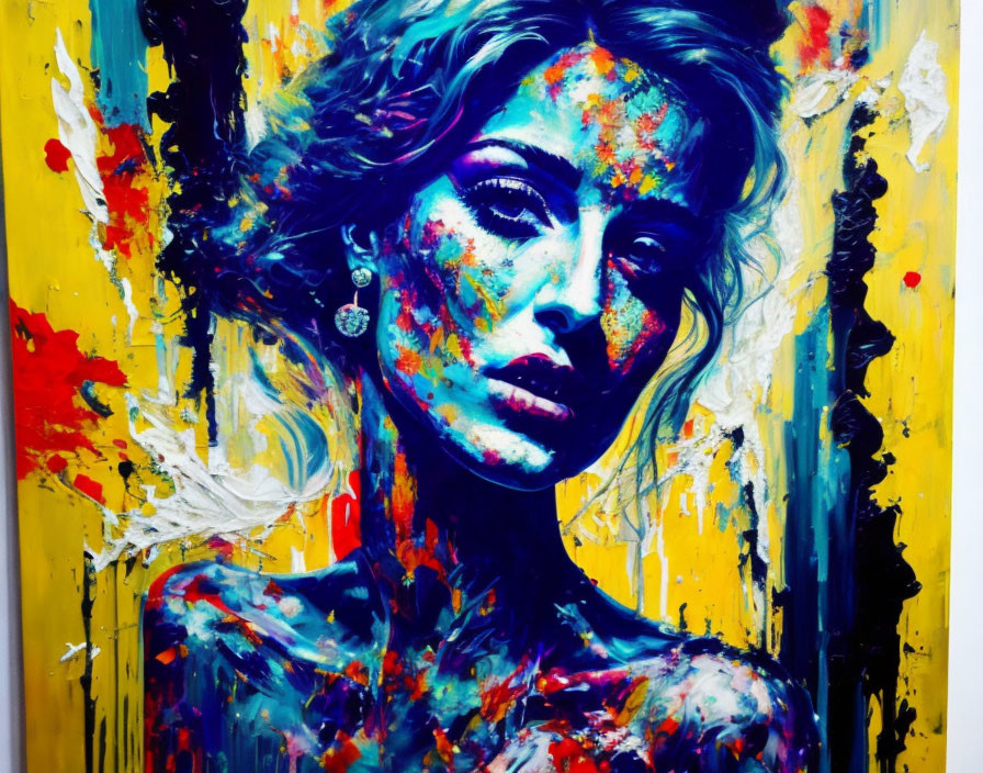 Colorful Abstract Portrait Featuring Woman in Yellow, Blue, Red & White