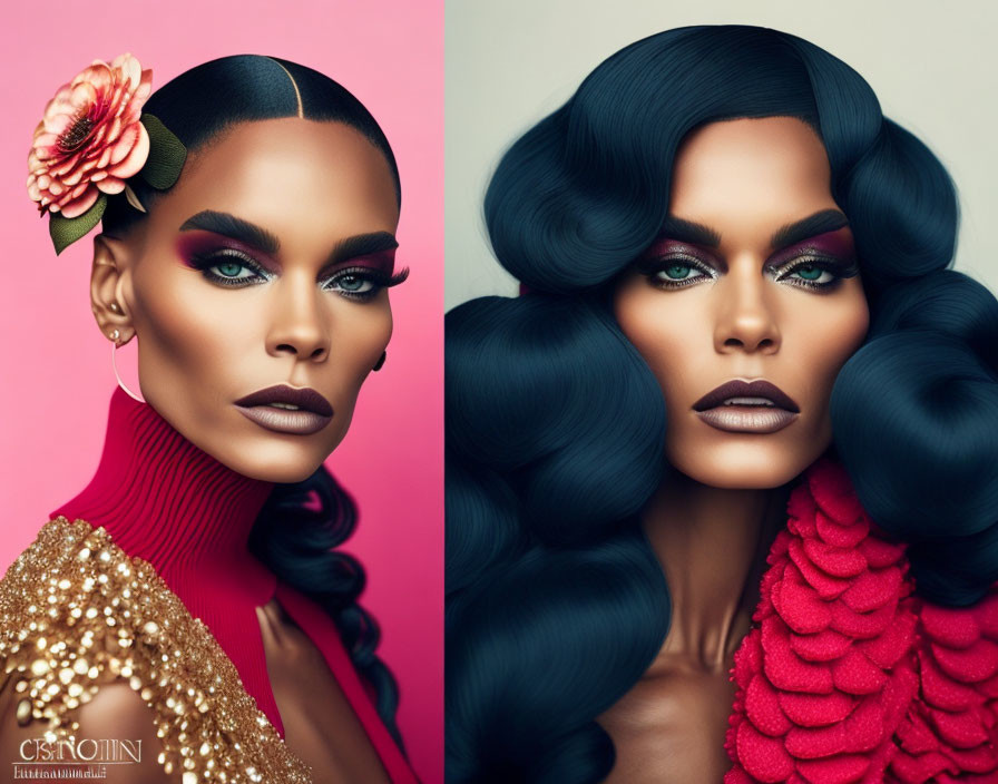 Woman with Striking Makeup and Voluminous Black Hair in Red and Gold Textured Clothing