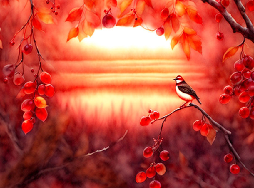 Bird perching on branch with red leaves and berries under red sunset.