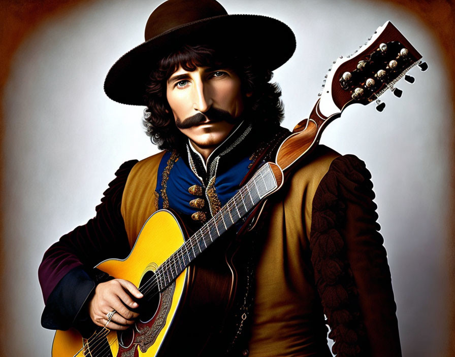 Man with Mustache and Guitar in Historical Outfit and Wide-Brimmed Hat
