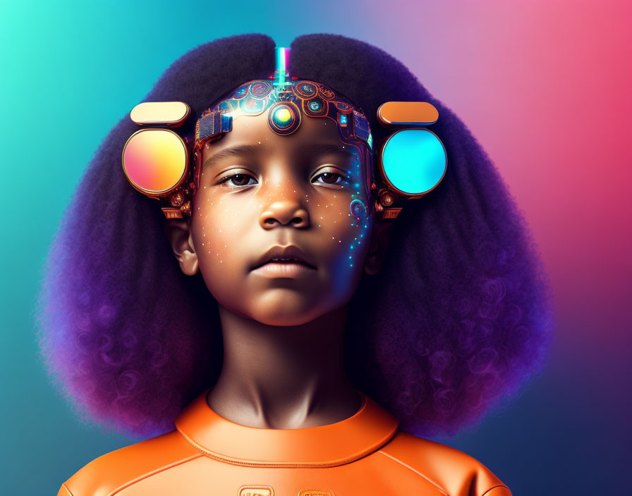 Digital artwork: Young girl with cybernetic enhancements and headphones on neon background