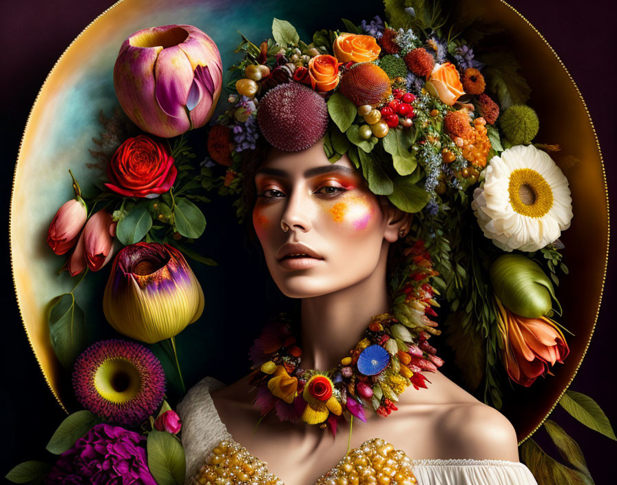 Woman with vibrant flowers and berries, warm makeup, on dark background