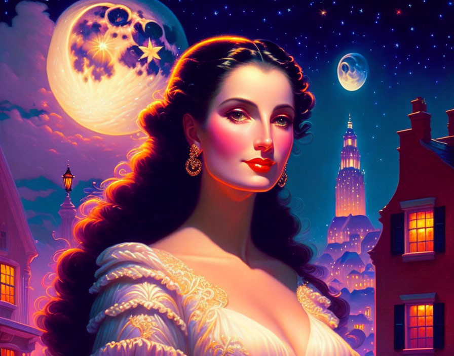Fantasy portrait of a woman in classical style against a nocturnal cityscape