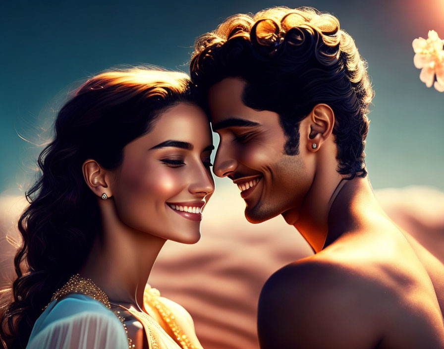 Smiling couple in romantic digital artwork