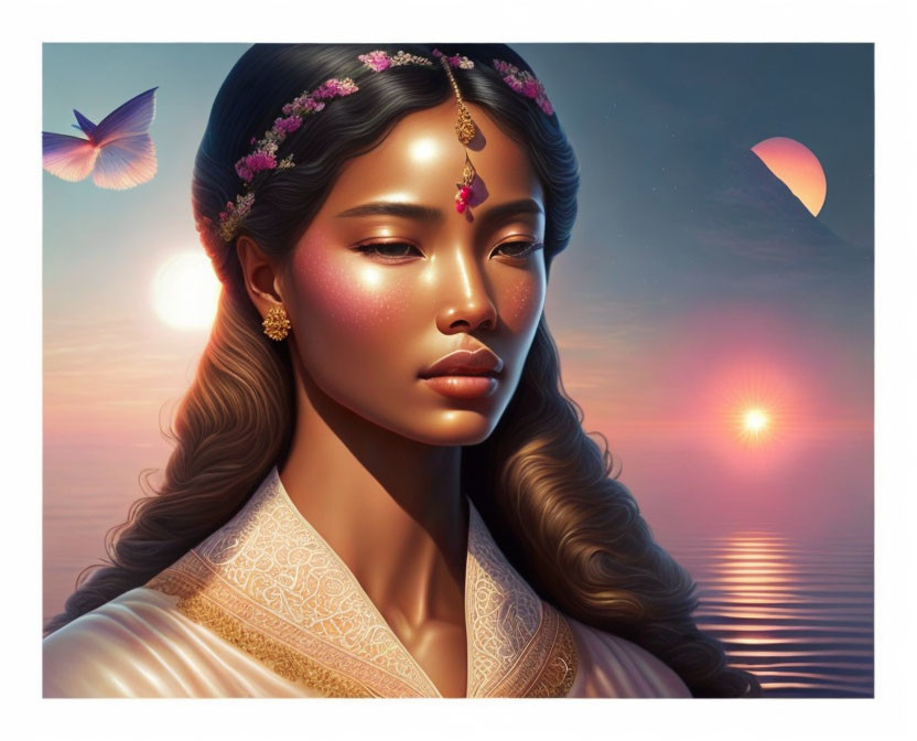 Woman with decorative headpiece in sunset sky with butterfly and moon.