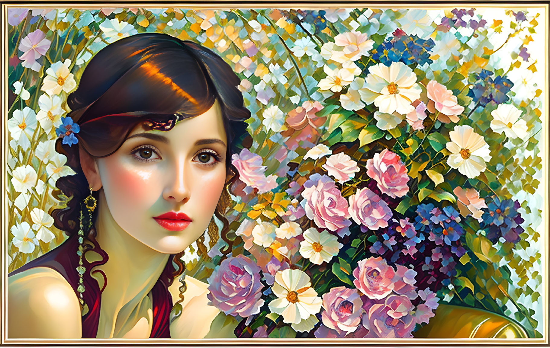 Portrait of Woman with Dark Hair and Red Lips Surrounded by Colorful Flowers