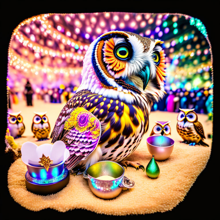Colorful Owl Artwork with Teacups on Bokeh Background