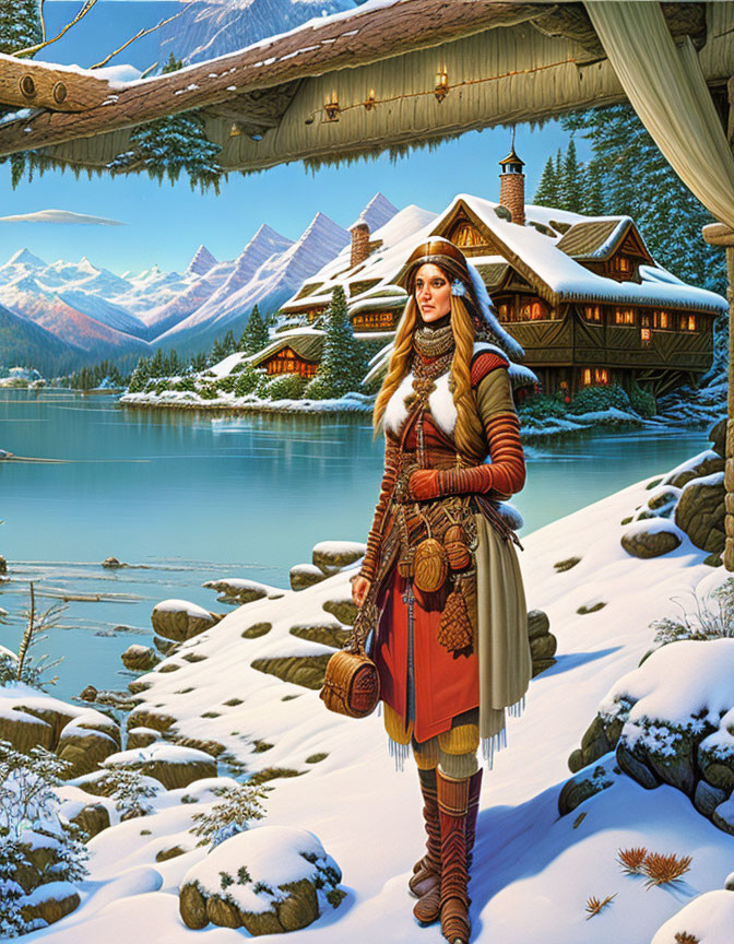 Woman in winter attire at snowy landscape with cabin, mountains, and lake under blue sky