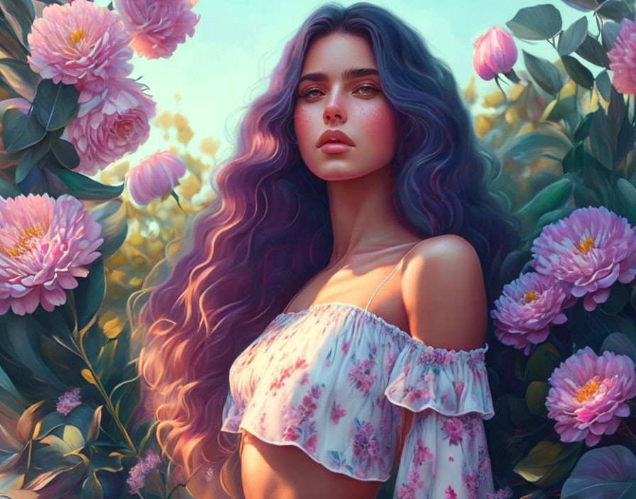 Digital artwork: Woman with long wavy purple hair and pink peonies in dreamy setting