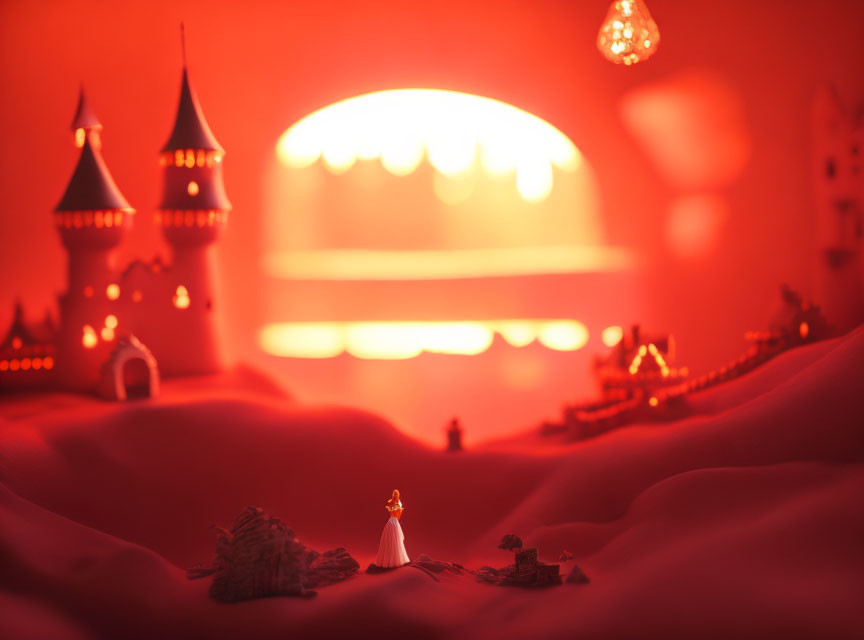 Miniature fairy tale scene with princess, castle, and warm sunset glow in red ambiance