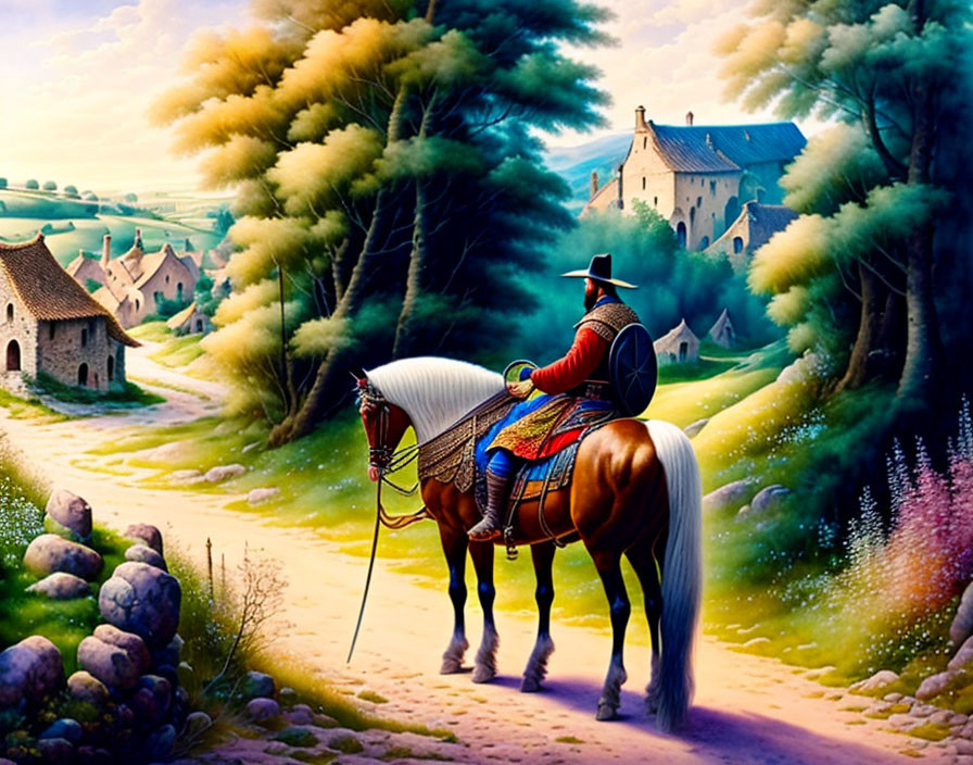 Historical figure on horseback surveys picturesque village and lush countryside