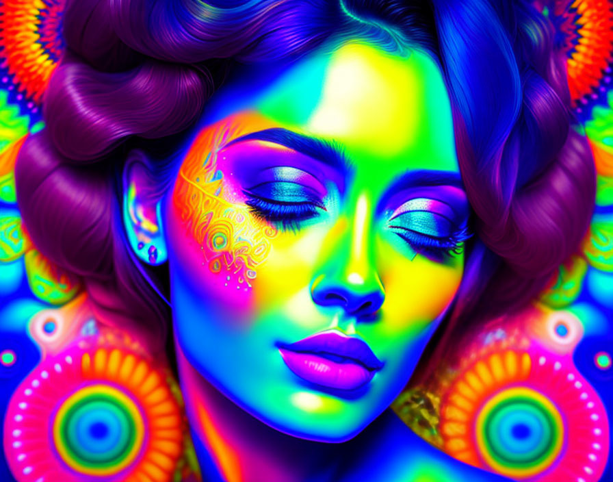 Colorful Digital Artwork: Woman with Neon Makeup and Psychedelic Patterns