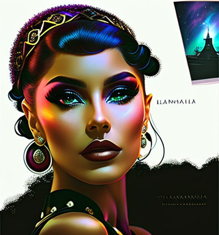 Vibrant digital portrait of a stylized woman with neon lights and lighthouse.