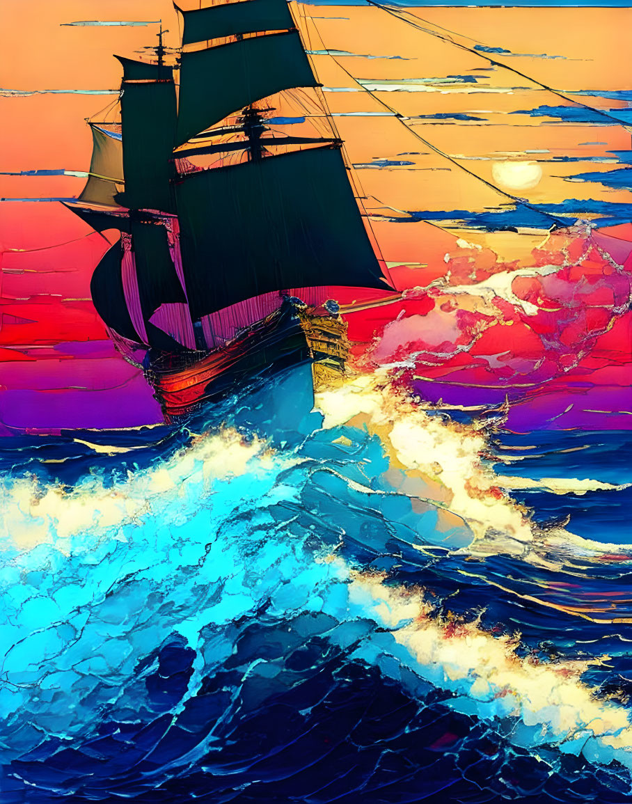 Vibrant painting of sailing ship on rough seas at sunset