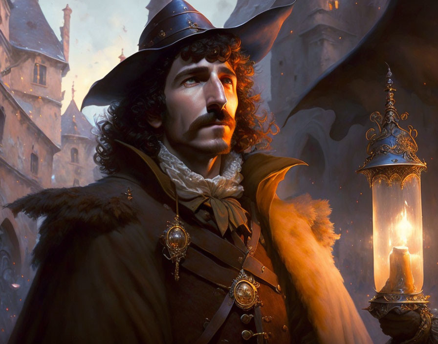 Digital painting: 17th-century musketeer with lantern in front of twilight castle