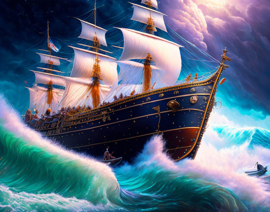 Majestic sailing ship on teal waves under purple sky