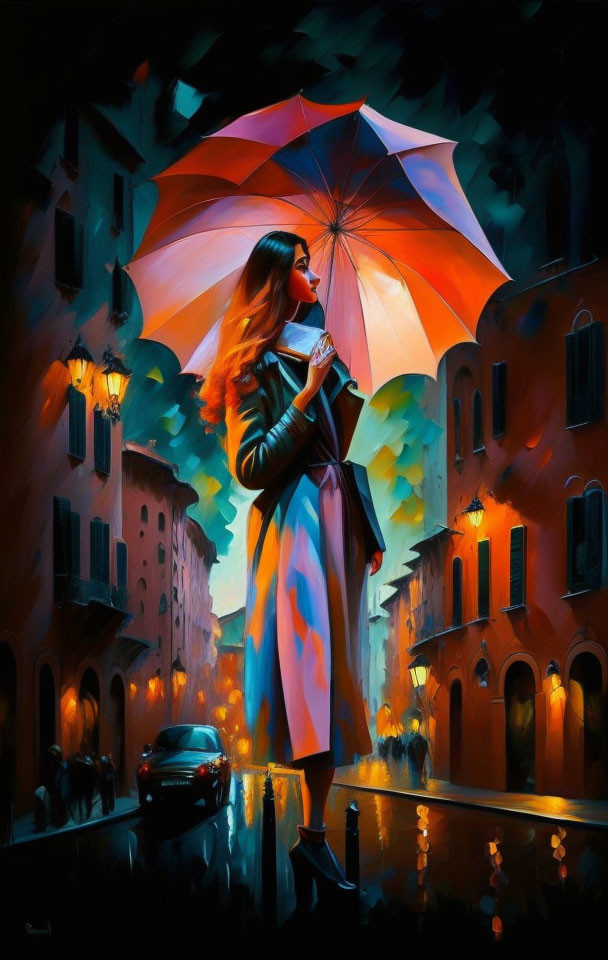 Long-haired woman with umbrella on vibrant, rain-slicked street