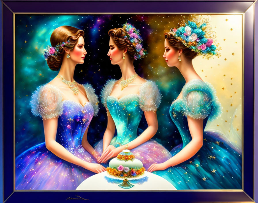 Three Women in Blue Dresses with Floral Headpieces Against Starry Backdrop