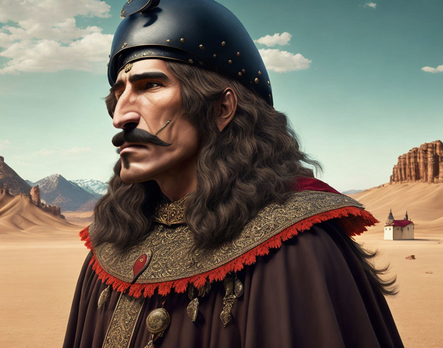 Detailed portrait of stern man in metal helmet and cloak with gold embroidery, against desert backdrop