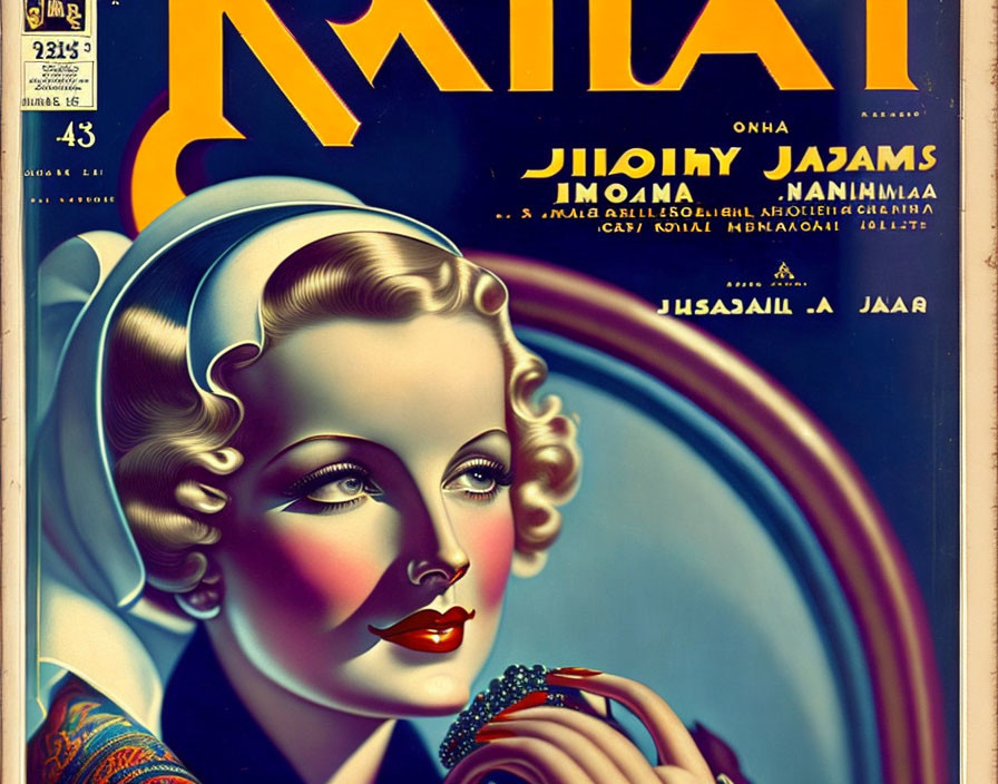 Stylized vintage magazine cover with art deco woman illustration and Arabic typography