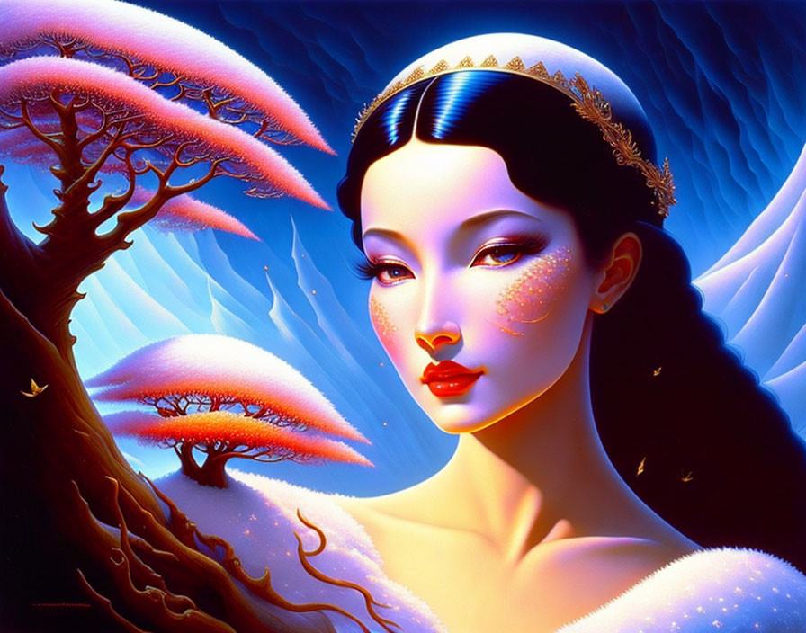Stylized portrait of woman with fair skin and dark hair in fantasy setting