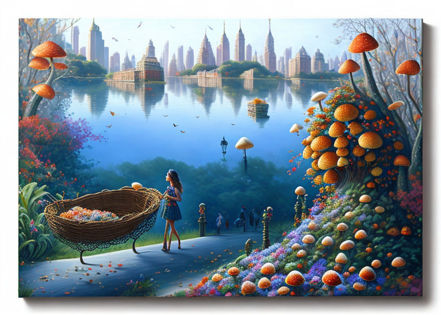 Surreal painting of girl by mushroom-filled basket & fantastical cityscape