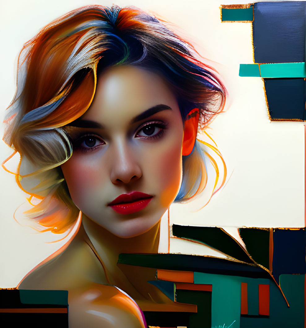 Colorful digital portrait of a woman with multi-colored hair and red lipstick against abstract geometric backdrop