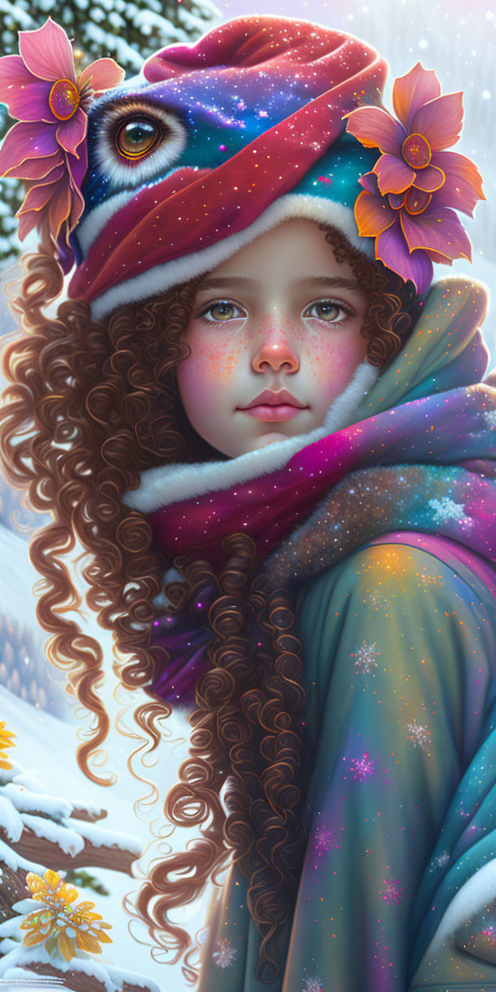 Curly Brown-Haired Girl in Multicolored Flower Hat in Snowy Scene