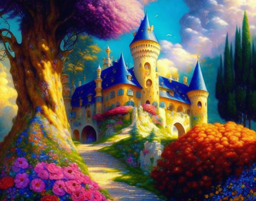 Vibrant fantasy castle with lush gardens and cobblestone path