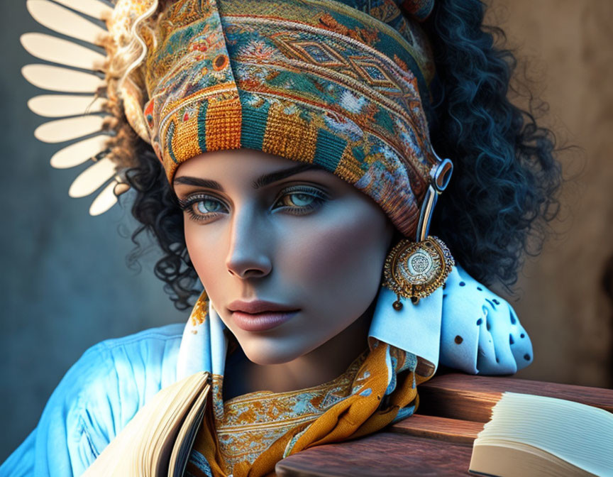 Colorful makeup and headwrap woman with earrings and book in hand in front of feathers.