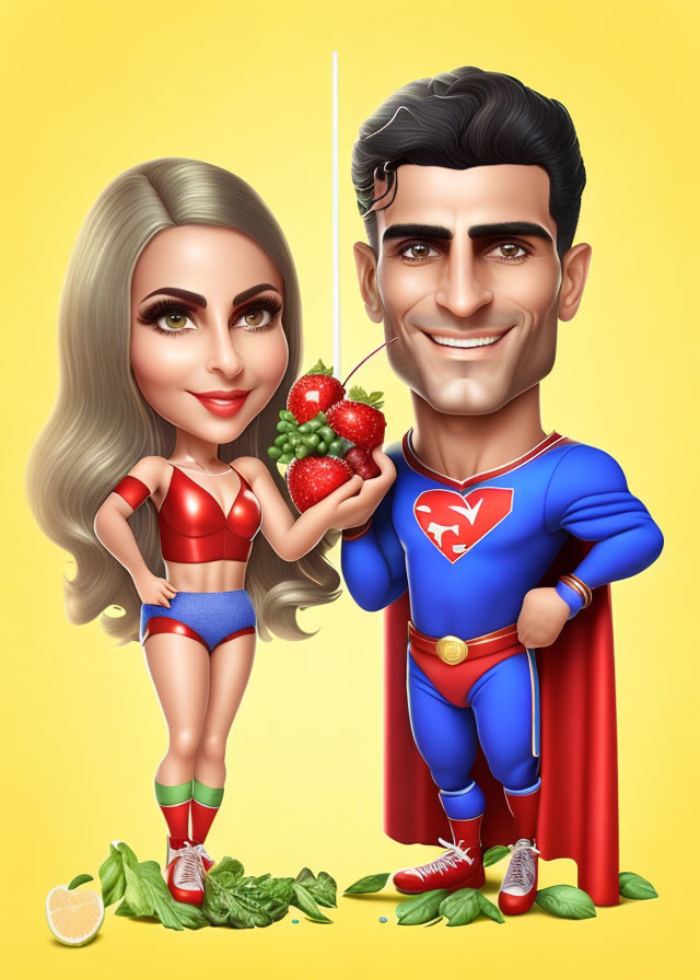 Female superhero caricature with strawberries and male superhero in blue suit.