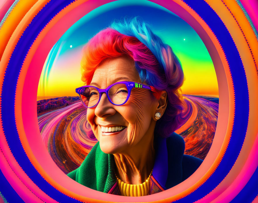 Elderly woman with red hair and purple glasses in colorful surreal desert scene