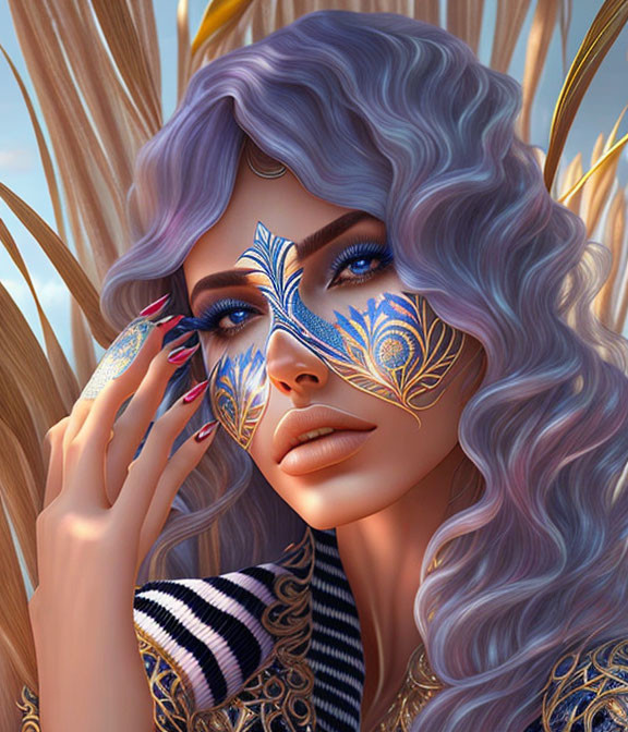 Digital artwork: Woman with purple hair and intricate mask against golden field