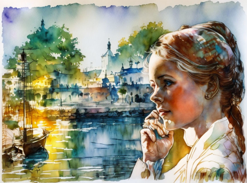 Watercolor painting of a woman's profile merged with a harbor scene